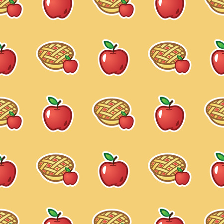 Apple pie on red pattern background. Sweet and tasty baked fruit pie from red apples seamless patternのイラスト素材