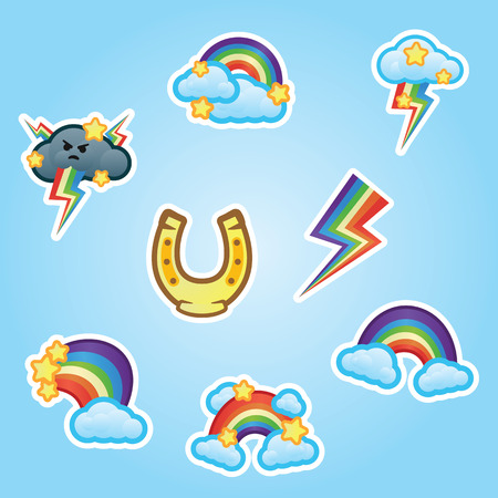 Set flat stickers horse shoe, rainbow, white clouds and stars, multicolor lightning strikes from gray thunderclouds. Funny stickers rainbow and clouds on blue backgroundのイラスト素材