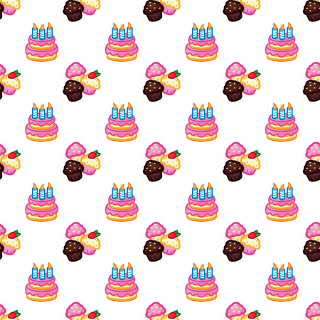 Birthday pattern. Birthday cake with candles for celebration party, cake, confectionery cupcakes. Event, celebration, party, holiday concept. Pattern backgroundのイラスト素材