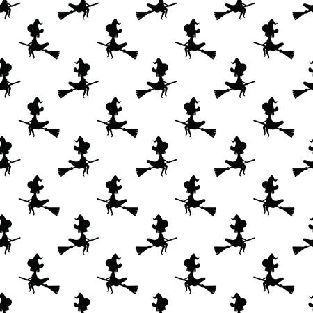 Halloween concept. Pattern black witch silhouette flying on broom on white background. Seamless pattern witch on broomstick in night skyのイラスト素材