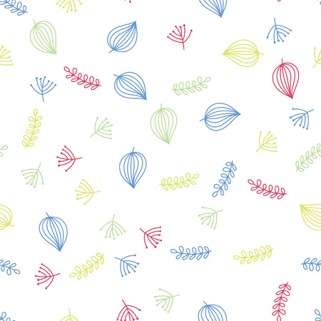 Hand drawing leaves and foliage pattern, colorful branches on white background. Hand painting tree branches and foliage plants, leaves pattern seamlessのイラスト素材