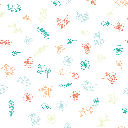 Multicolor hand drawing floral pattern on white background. Colored branches, blooming flowers, foliage plants hand painting seamless patternのイラスト素材