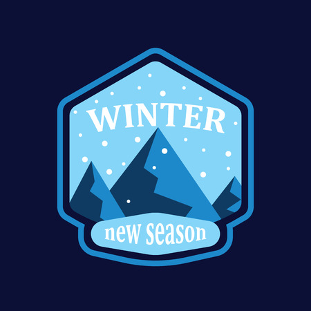Winter mountain and snowfall in round on blue background. Snowy mountain landscape in new winter season. Badge, emblem, idea for company style.のイラスト素材