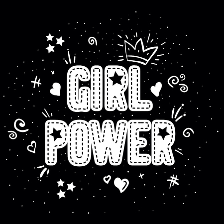 Girl power with crown lettering with on black background. Woman motivational slogan and phrase. Feminist quote. Feminist saying. Stylish girly print for poster, stickers, patchesのイラスト素材