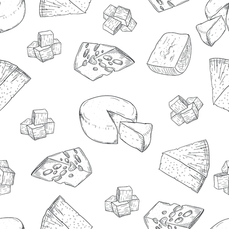 Cheese pattern hand drawing on white background. Hand drawing cheese pattern doodle style. Fresh dairy and milk food. Healthy nutrition and diet. Organic milk butter. Food backgroundのイラスト素材