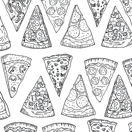 Pattern pizza slices hand drawing in doodle style isolated on white background. Doodle pattern drawing cut pizza top view. Italian cuisine and pizzeria designのイラスト素材