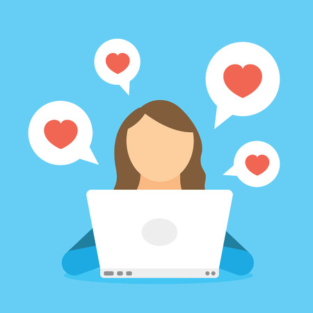 Woman chatting in social network by laptop and receiving like heart, subscribers and friends. Woman blogging in internet, web site and media network. Communication and online conversation in chatのイラスト素材