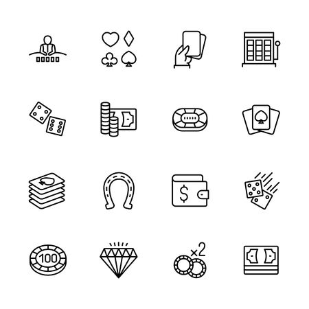 Simple icon set casino, gambling and card games. Contains such symbols diller, player, dice, cards, suit, chips, money bets jackpot slot machinesのイラスト素材