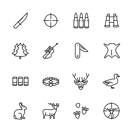 Simple icon set forest hunting. Contains such symbols knife, bullets, ammunition, hunting rifle, weapon, binoculars, wood, trophy, duck hare deer target sight and moreのイラスト素材