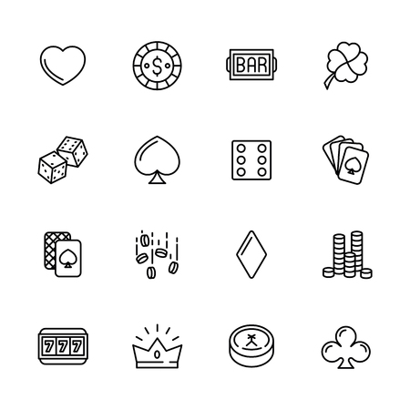 Simple icon set casino, gambling and card games. Contains such symbols dice, cards, suit, chips, money, bets, jackpot slot machinesのイラスト素材