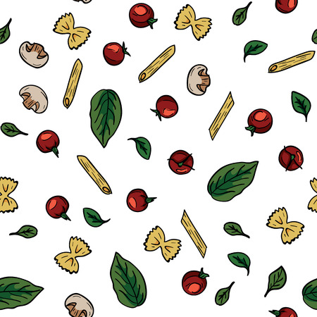 Doodle drawing cherry tomatoes, mushrooms, pasta, basil, herbs seamless pattern. Food pattern background. Cooking food concept. Ingredient for italian pasta. Diet and nutritionのイラスト素材