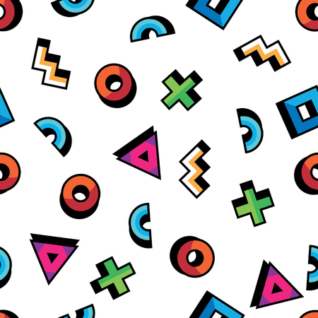 Geometric pattern in abstract style. Seamless pattern with geometric figures. Triangle, circle, square, cross, arc, curved lines on white background.のイラスト素材