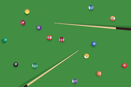 Billiard stick and pool balls on green billiard table top view. Biliard balls and cue for pool game...