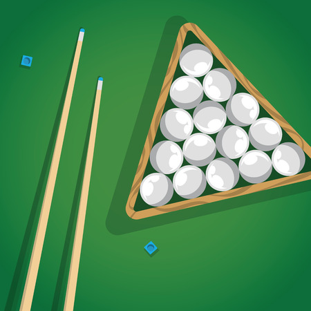 Billiard cue and pool balls in triangle on green table while game. Biliard balls, triangle and pool stick for game on green table top view.のイラスト素材