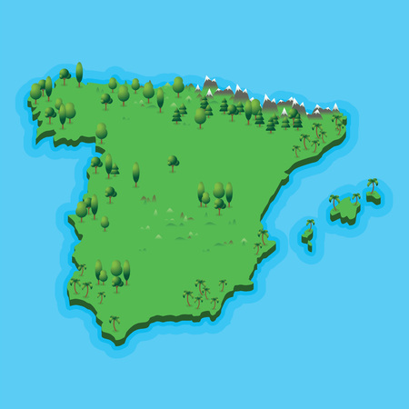 Spain map with geographic landscape on blue sea background. Illustration spanish map with nature landscape and blue seaのイラスト素材