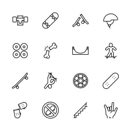 Simple icon set skateboarding and youth sport. Contains such symbols skateboard, wheels, extreme sports, injuries, stunts, skills.の写真素材