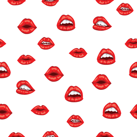 Pattern red woman lips with smile on white background. Sensual female mouth with white toothed smile seamless pattern. Beautiful woman lips with red lipstick.の写真素材