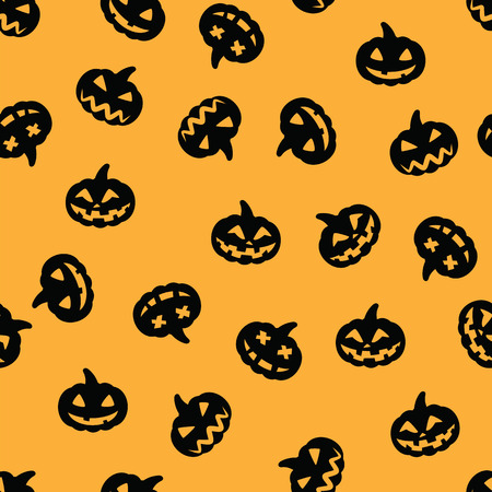 Black halloween pumpkin pattern on orange background. Halloween face black pumpkin seamless patternの写真素材