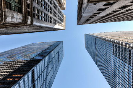 View of modern skyscrapers in business district in New Yorkの写真素材