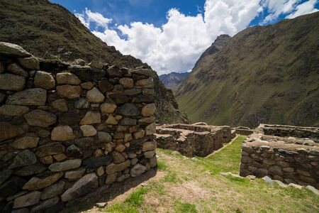 Detail of Inca's stonework and the view from the Inca Trail in Peru.の写真素材