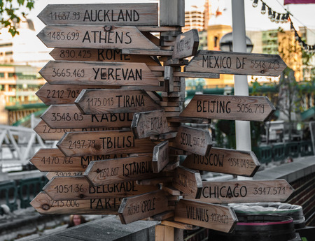 Signpost with distances to different cities in Londonの写真素材