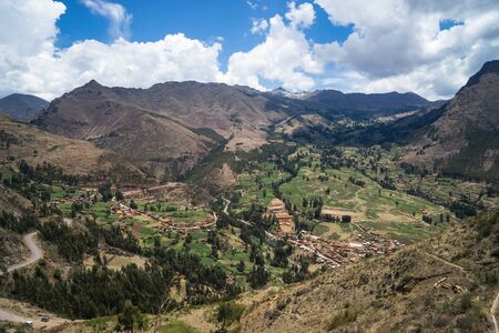 Mysterious Inca building and cloudy mountains on the way to Maccu Picchuの写真素材