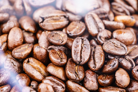 Roasted coffee beans right from the roaster with white smokeの写真素材