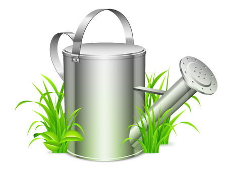 Metal watering can on green grass のイラスト素材
