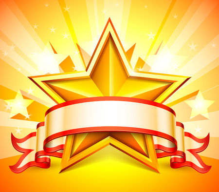 White ribbon and golden star on bright background.のイラスト素材