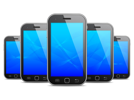 Row of black mobile phones with blue screens.のイラスト素材