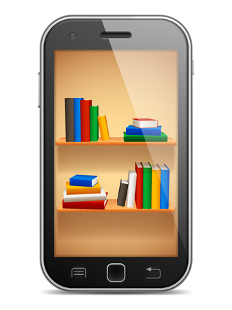 Mobile phone with bookshelves on screen.のイラスト素材