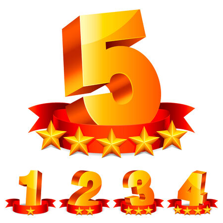 Golden numbers with red ribbons and rating stars.のイラスト素材