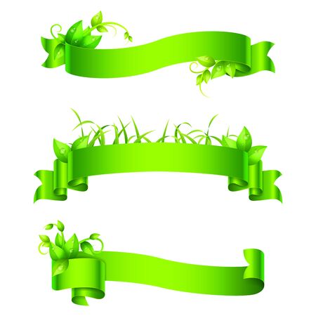 Green empty ribbons decorated with fresh leaves and grassのイラスト素材