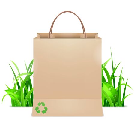 Brown eco shopping bag with recycling symbol and grassのイラスト素材