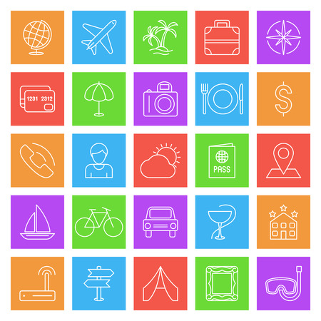 Set of 25 color thin line travel and vacation iconsのイラスト素材