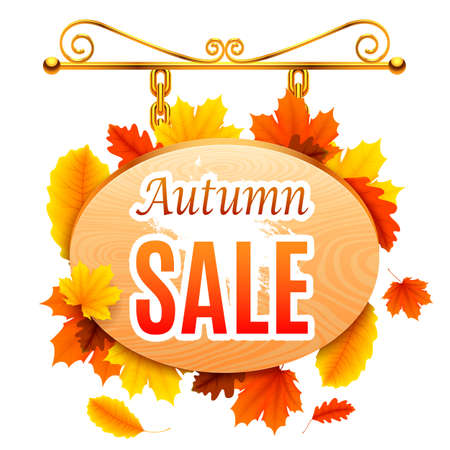 Wooden signboard with autumn sale announcement on white backgroundのイラスト素材