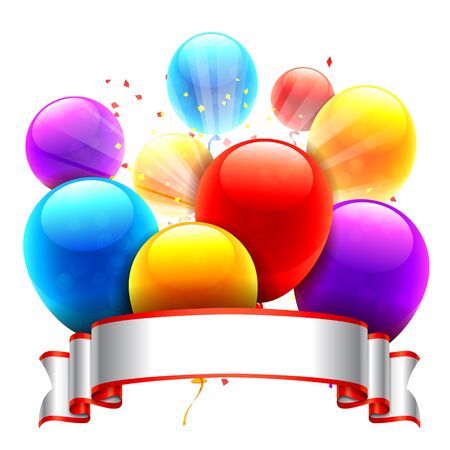 Group of bright color balloons, blank ribbon and confettiのイラスト素材