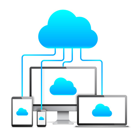 Desktop computer, laptop, tablet and mobile phone connected together by cloud technologyのイラスト素材