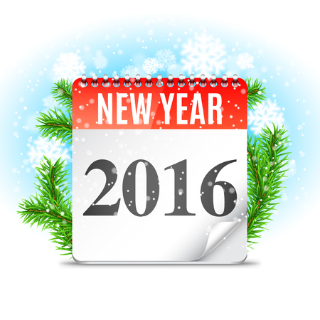 2016 New Year calendar decorated with Christmas tree branches and snowflakesのイラスト素材