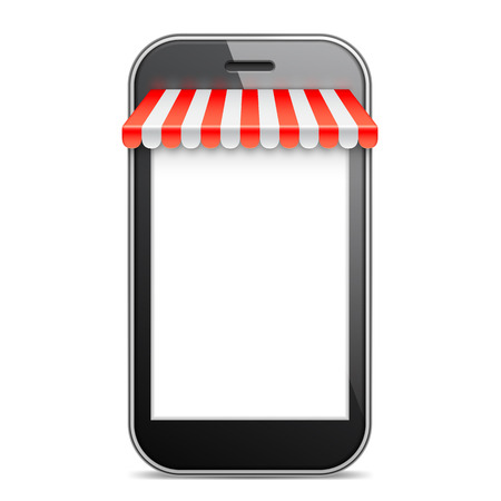 Mobile Phone with blank white screen and red awning. Internet online shopping and e-commerce concept. Vector illustrationのイラスト素材