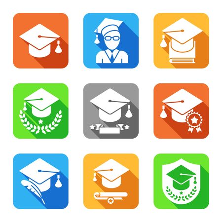 Education and school icons. Set of 9 colored flat vector icons with long shadowsのイラスト素材