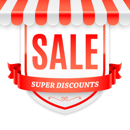 Sale advertisment with striped store awning and red ribbon. Vector illustrationのイラスト素材