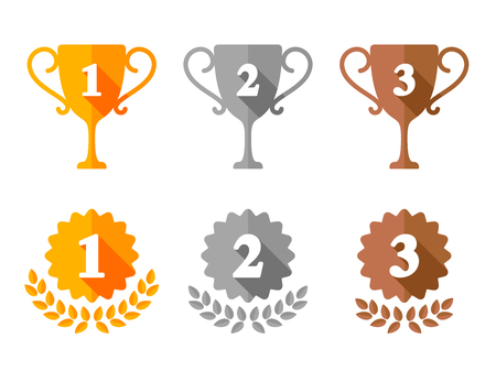 Golden, silver and bronze trophy cups and award medals for first, second and third place. Flat icons collectionのイラスト素材