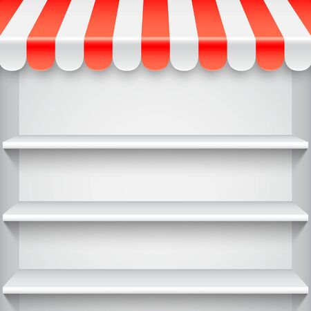 White blank showcase with empty shelves and red store awningのイラスト素材