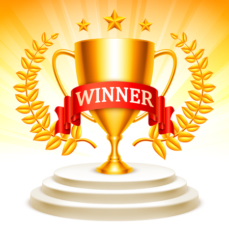 Golden trophy cup with laurel wreath, stars and ribbon standing on winner podiumのイラスト素材