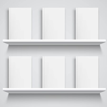 Two white bookshelves and books with empty blank covers. White object mock-up or templateのイラスト素材