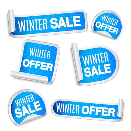 Collection of winter sale and winter offer blue labels, stickers or tagsのイラスト素材