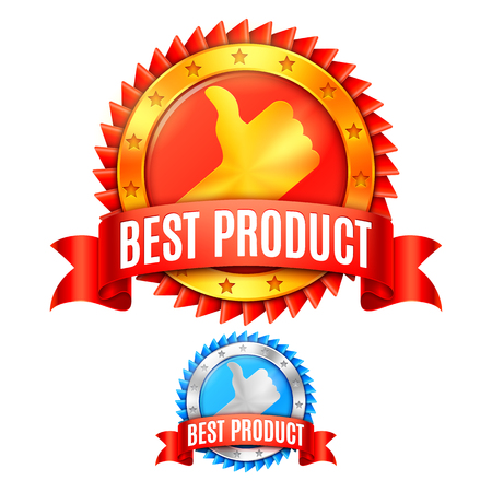 Two best product award medals with red ribbons and thumb up symbolのイラスト素材
