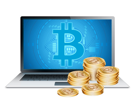Realistic laptop with bitcoin sign on screen and golden bitcoin coinsのイラスト素材