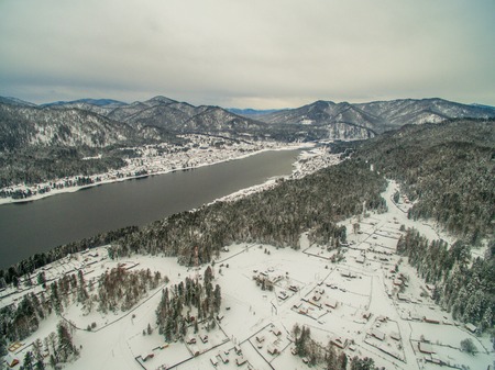 Teletskoye lake at winter. A view from airの写真素材